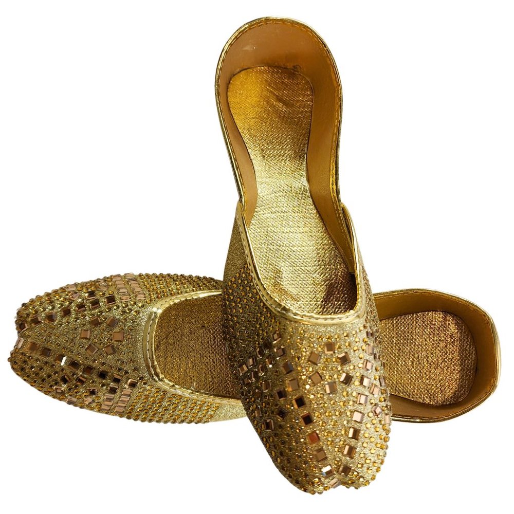 Women's Embroidered Golden Khussa Punjabi Jutti US Size 6 7 8 9 Pakistani Indian